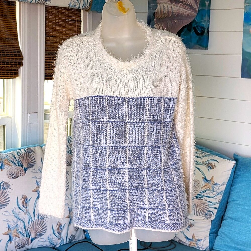 EUC Kim Rogers Blue and Cream Sweater size small